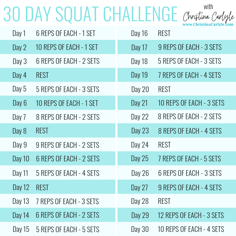 30 day Squat Challenge Schedule and text that with set and rep counts and the title 30 day Squat Challenge