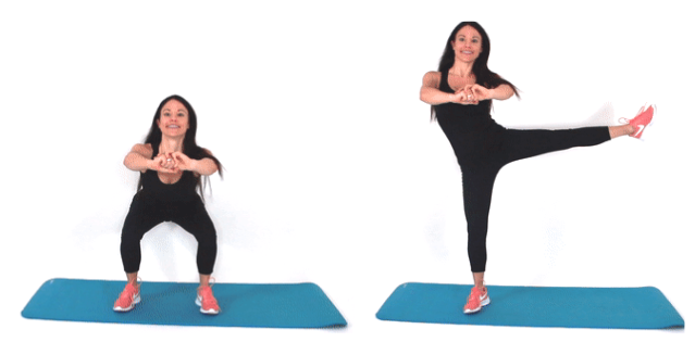 Squat with side leg lift exercise Squat with side leg lift exercise being done by trainer Christina Carlyle
