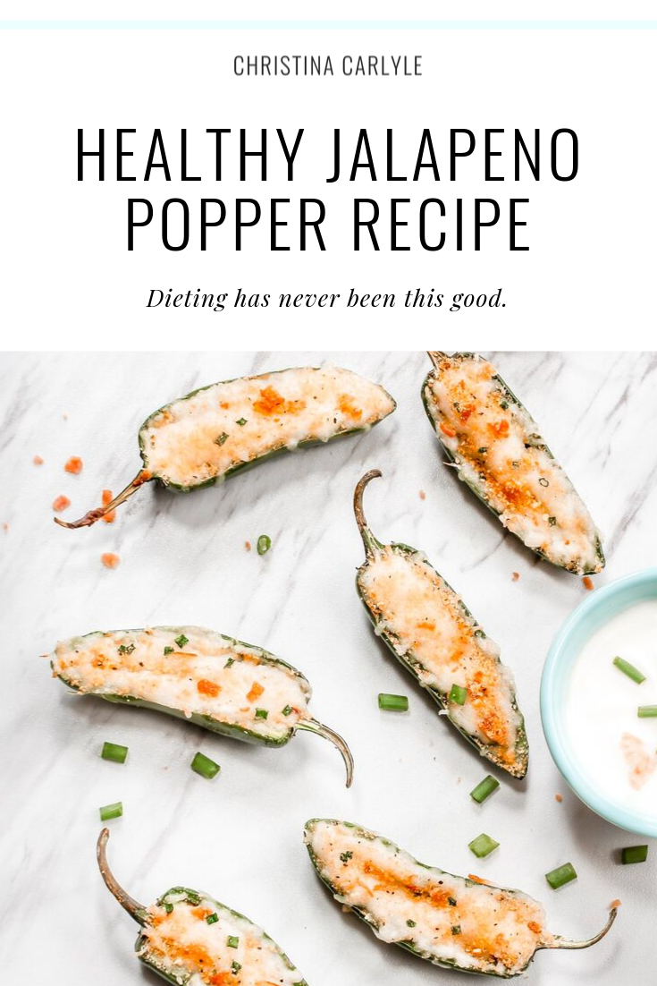 Jalapeño Poppers on a countertop and text that says Healthy, Low Calorie Jalapeño Poppers