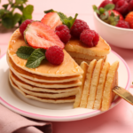a stack of protein pancakes topped with strawberries on a pink plate