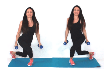 Curtsey Lunger thigh exercise being done by trainer Christina Carlyle