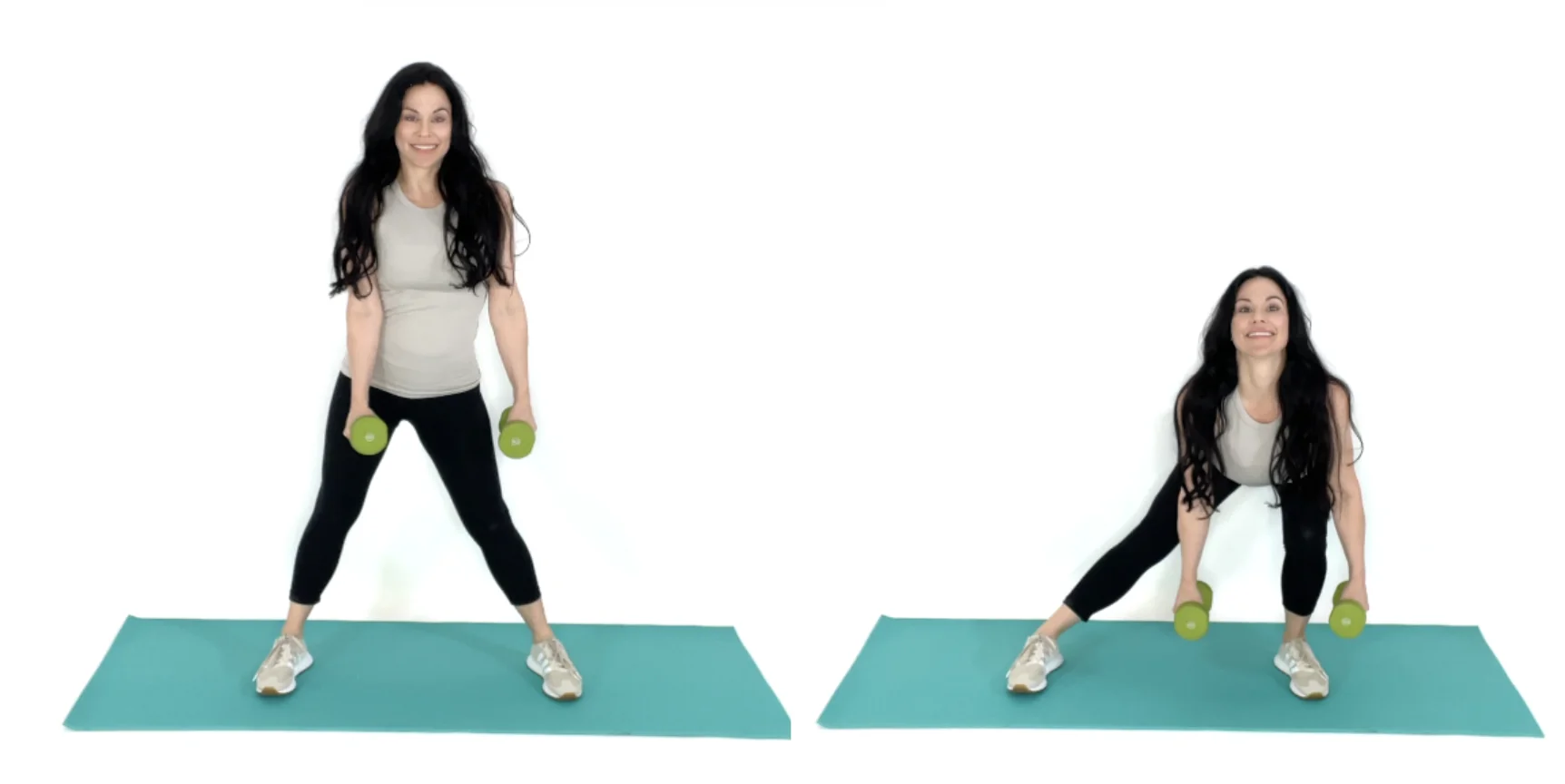 Side lunge thigh exercise being demonstrated by Christina Carlyle
