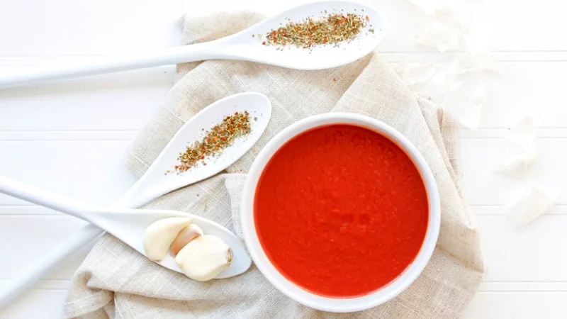 Roasted Red Pepper Soup on a countertop