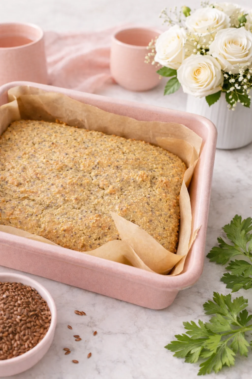Paleo Bread Paleo bread baked in a soft pink ceramic loaf pan on a white marble countertop, topped with flax and chia seeds, styled with white roses and pink mugs by Dr. Christina Carlyle.