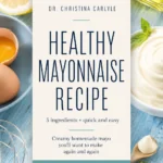 Pinterest pin for Dr. Christina Carlyle featuring a healthy mayonnaise recipe with homemade mayo, eggs, lemon, olive oil, herbs, and a blue food photography background. Text highlights a quick and easy 5-ingredient homemade mayo recipe.