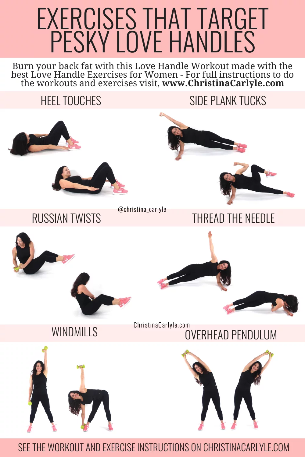 Trainer Christina Carlyle doing 6 different love handle exercises
