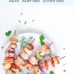 Kabobs on a plate on a kitchen counter and text that says healthy kabob recipe