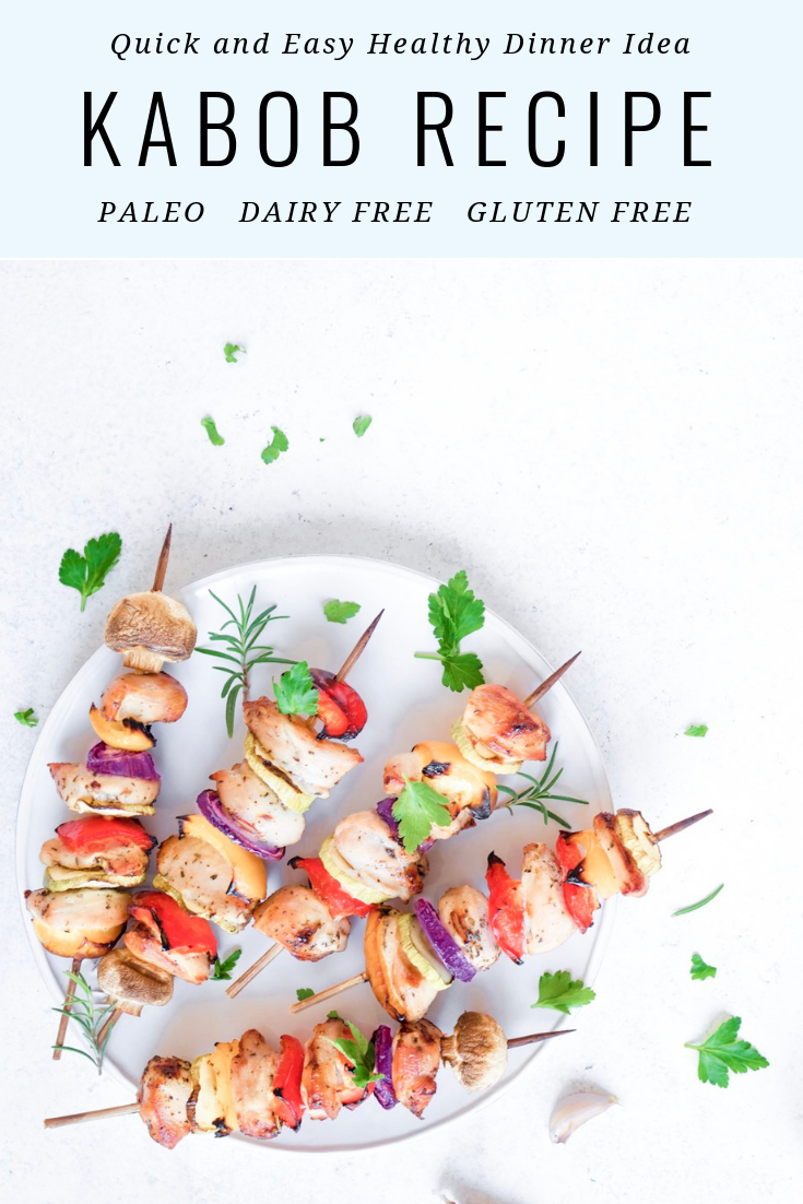 Chicken and Vegetable Kabobs on a plate on a counter and text that says healthy kabob recipe