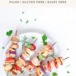 Kabobs on a plate on a kitchen counter and text that says healthy kabob recipe