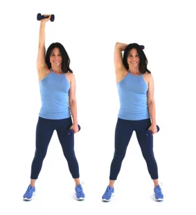 Overhead tricep extension bat wing exercise done by Christina Carlyle