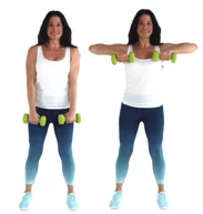 Upright Row Back Exercise with weights being done by Christina Carlyle