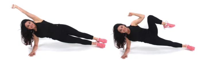 Trainer Christina Carlyle demonstrating a side plank tuck crunch exercise to get rid of love handles