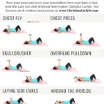 trainer Christina Carlyle doing 6 arm exercises on her back and text that says Lazy Girl Arm Workout you Can Do in Bed