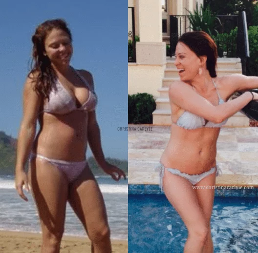 Christina Carlyle Before and After photos one with and without a flat stomach 
