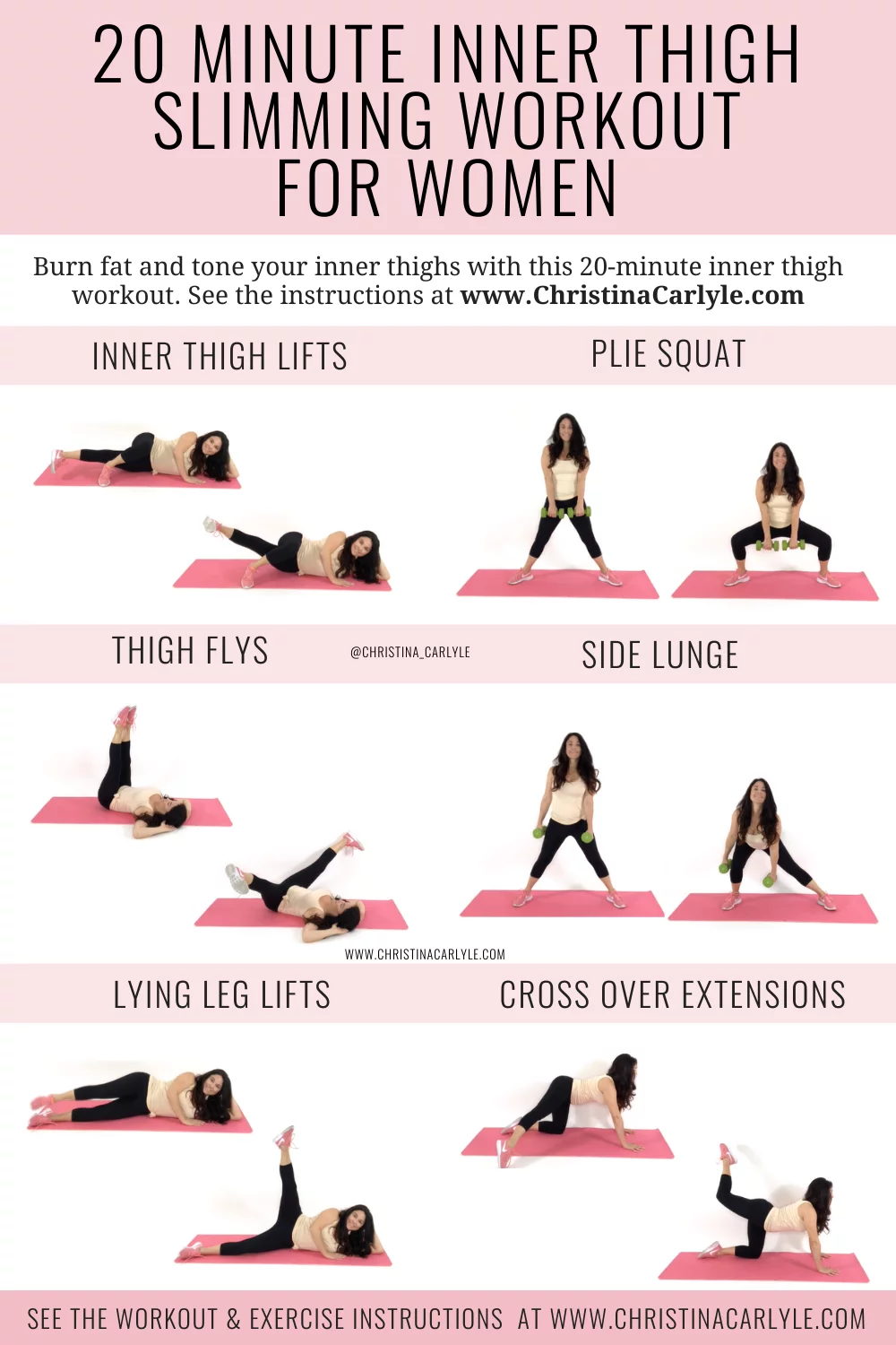 trainer Christina Carlyle doing 6 inner thigh exercises and text that says 20 minute inner thigh slimming workout for women