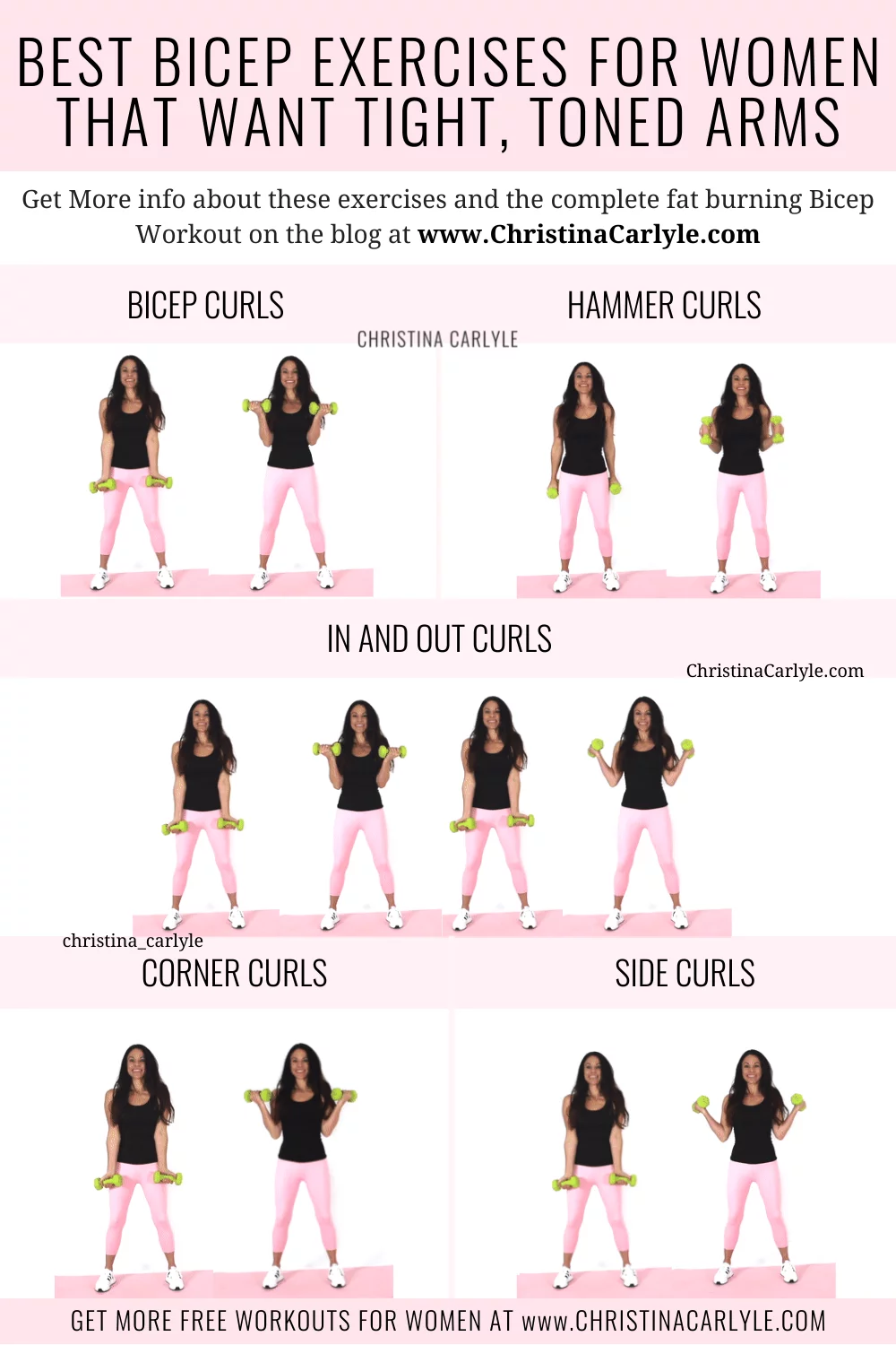 5 Bicep Exercises being done by Trainer Christina Carlyle in a bicep workout for women and text that says The Best Bicep Exercises for Women