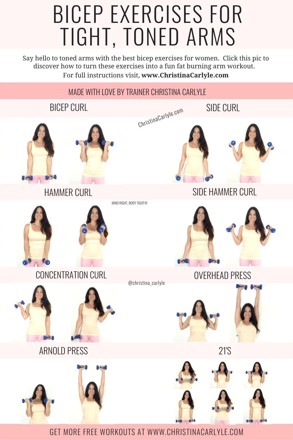 8 Bicep Exercises being done in a Bicep Workout by Trainer Christina Carlyle and text that says the best bicep exercises for tight, toned arms ASAP