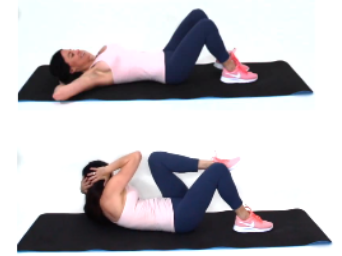 trainer Christina Carlyle doing a Cross Over Oblique Crunch Exercise