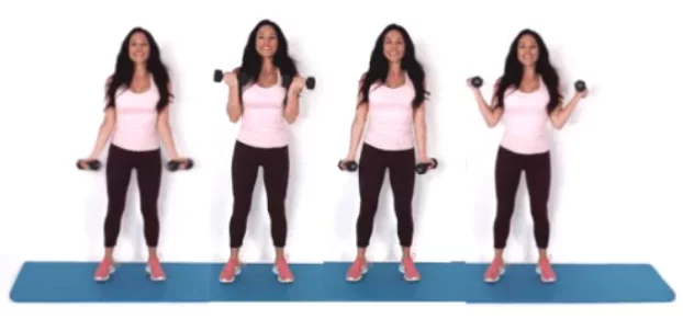 trainer Christina Carlyle doing an In and Out Curl HIIT exercise