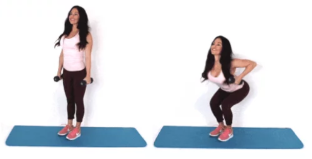trainer Christina Carlyle doing a Pull your pants up Squat HIIT exercise