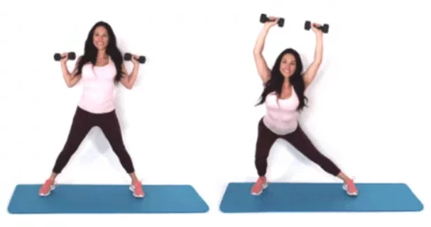 trainer Christina Carlyle doing a Side lunge overhead press HIIT exercise 