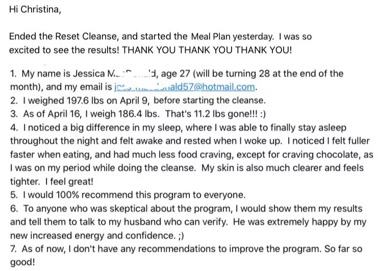 Christina Carlyle Reset Cleanse Client Results & Testimonial