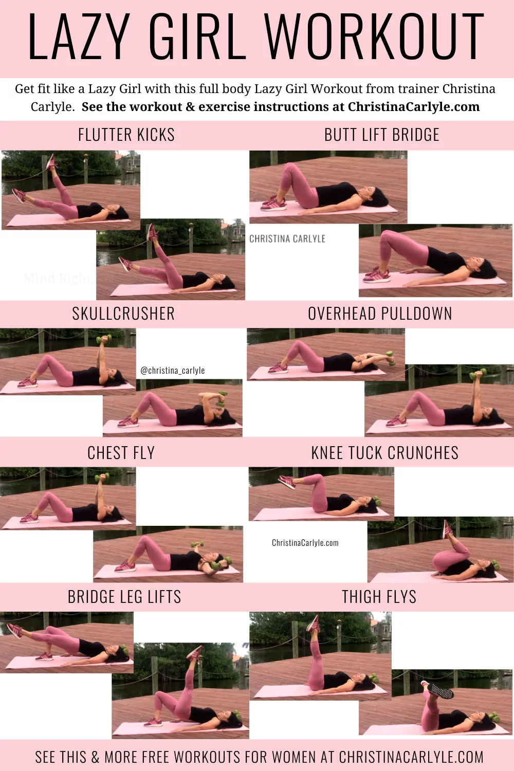 trainer Christina Carlyle doing 8 lazy workouts and text that says Lazy Girl Workout