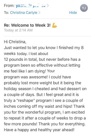 an email from a Lazy Girl program participant describing their results