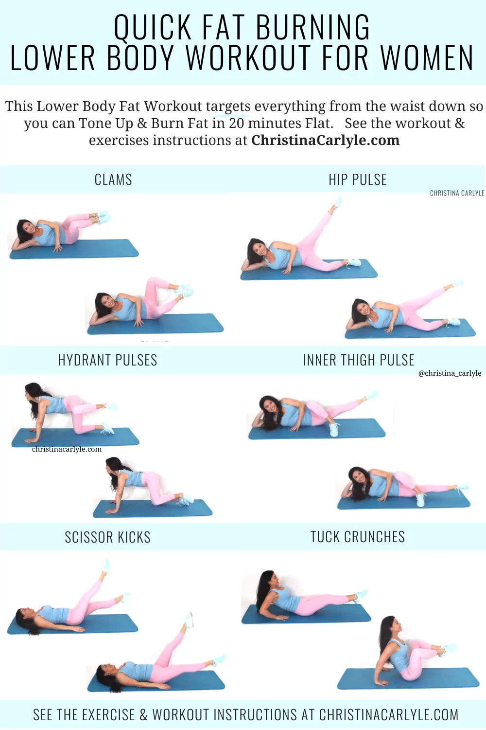 text that says Quick Fat Burning Lower Body Workout for Women and trainer Christina Carlyle doing 6 lower body exercises