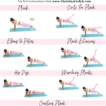 trainer Christina Carlyle doing 6 different plank exercises and text that says 30 Day Flat Abs Plank Challenge