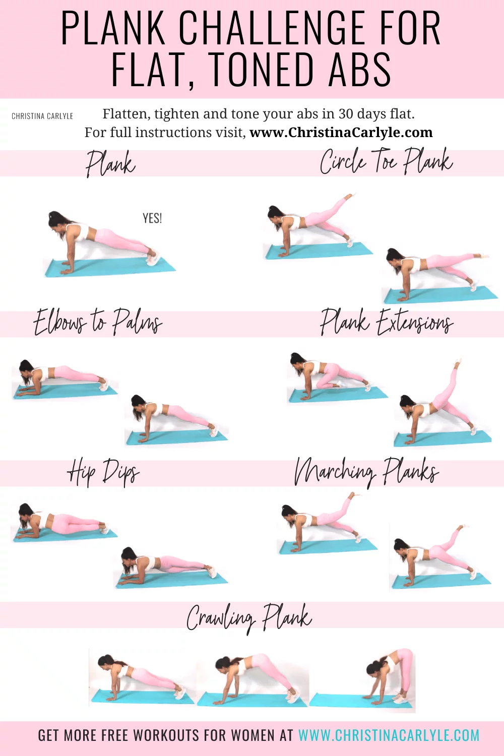 trainer Christina Carlyle doing 6 different plank exercises and text that says 30 Day Flat Abs Plank Challenge