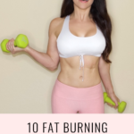 trainer Christina Carlyle smiling and text that says 10 fat burning workouts