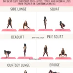Infographic titled “The Best Glute Exercises for Women” featuring six glute moves with demo photos: side lunge, squat, deadlift, plie squat, curtsy lunge, and bridge, shown as a dumbbell friendly home workout by Dr. Christina Carlyle.