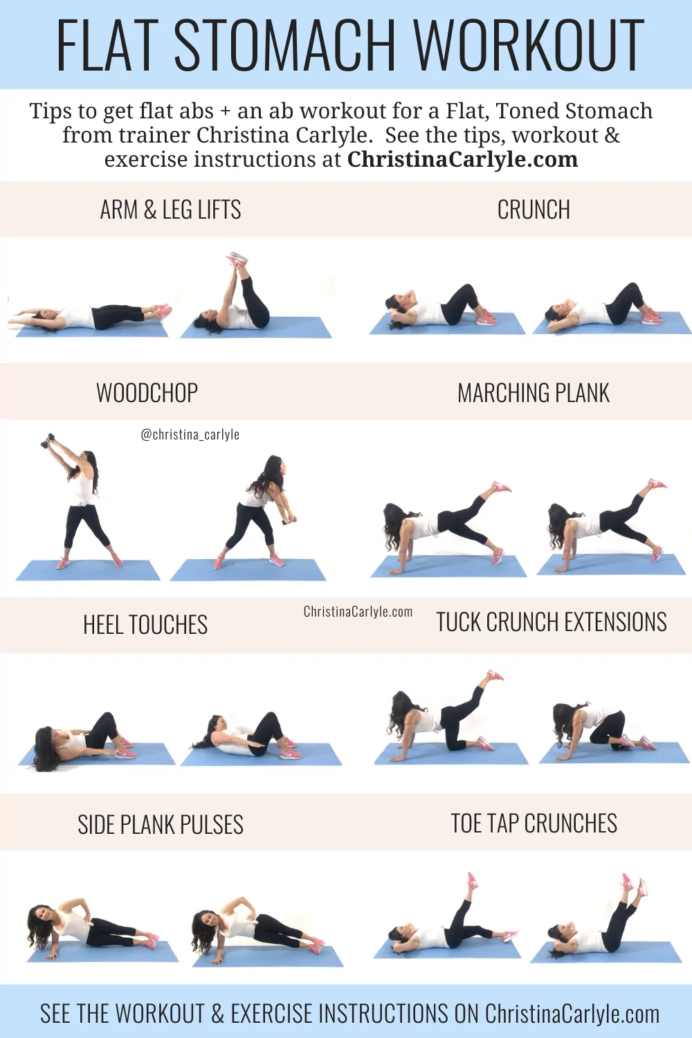 trainer Christina Carlyle doing 8 exercises for a flat stomach and text that says Flat Stomach Workout