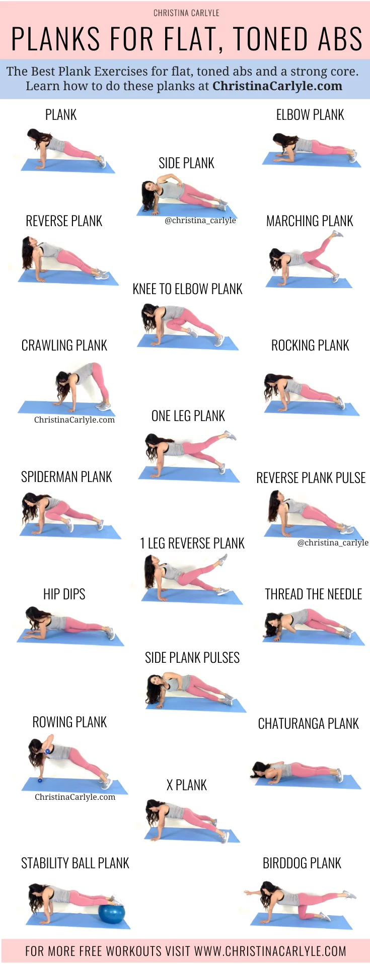 20 different plank exercises being done by trainer Christina Carlyle and text that says 20 planks for flat, toned abs