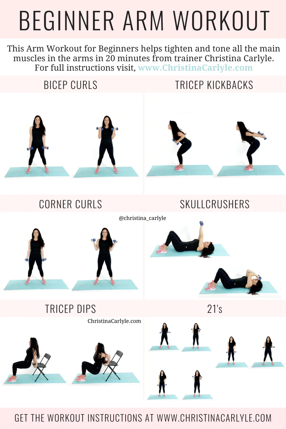 Beginner Arm Workout routine with 6 beginner arm exercises being done by trainer Christina Carlyle