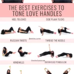 Trainer Christina Carlyle demonstrating 6 different exercises for love handles and text that says The Best Exercises to Tone Lovehandles