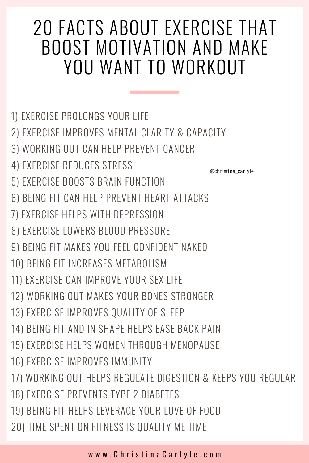 a list of 20 benefits of exercise and text that says 20 FACTS ABOUT EXERCISE THAT BOOST MOTIVATION AND MAKE YOU WANT TO WORKOUT