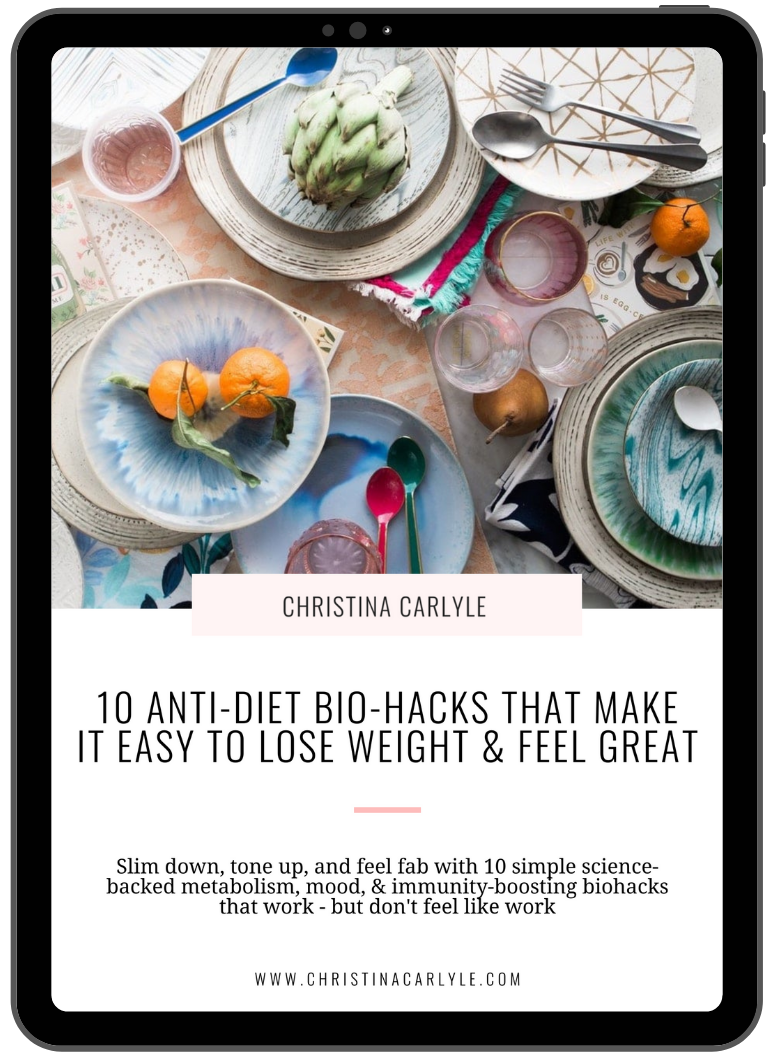 an ebook cover and text that says 10 Anti Diet Biohacks that Make it Easy to Lose Weight & Feel Great eBook by Christina Carlyle