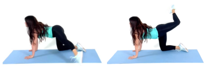 Trainer Christina Carlyle doing a Cross Over Butt Extension Exercise in a 10 minute butt workout on a blue yoga mat