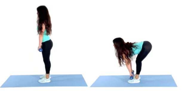 Trainer Christina Carlyle doing a Deadlift Butt Exercise on a blue yoga mat