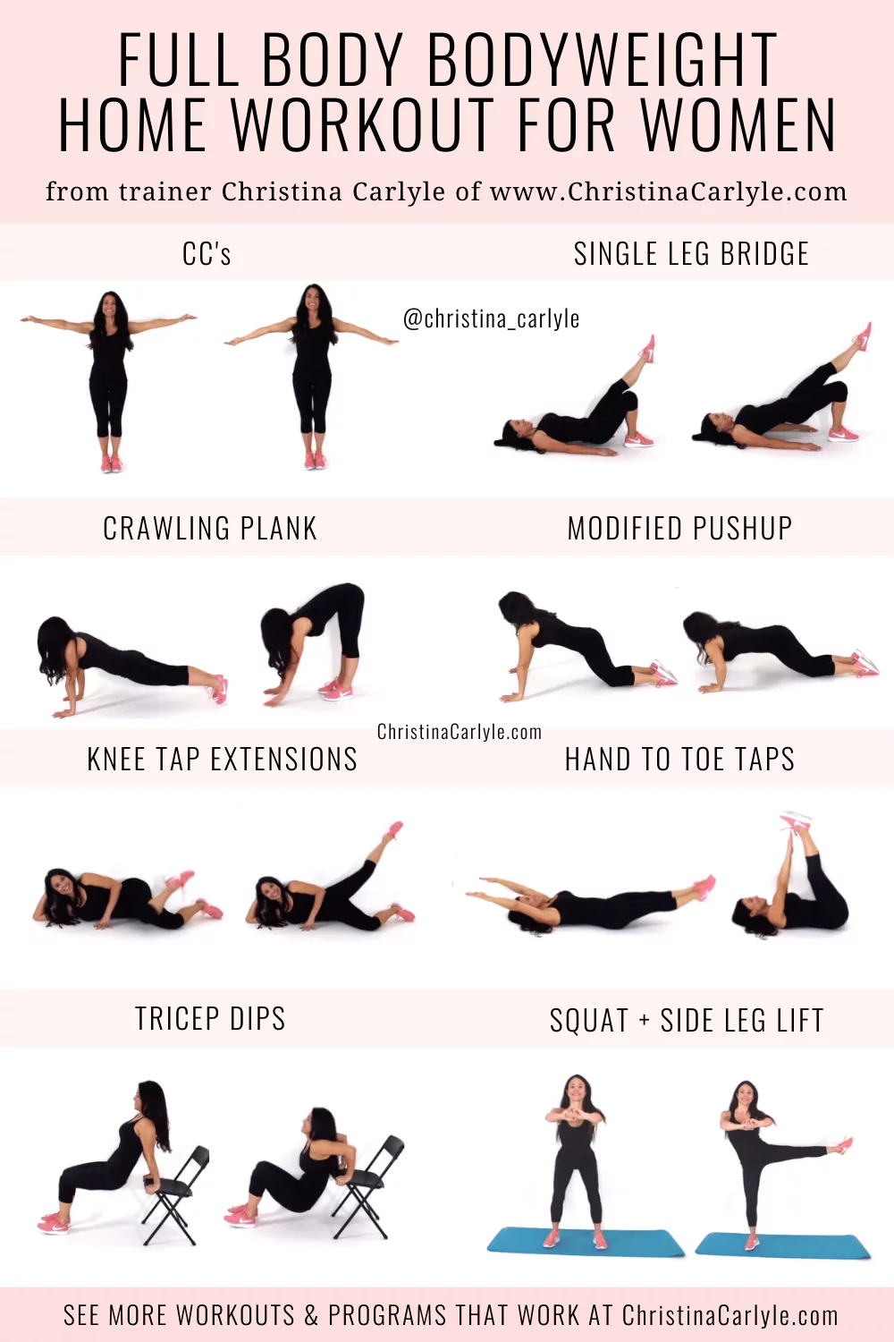 Full body bodyweight workout with 8 bodyweight exercises being done by Christina Carlyle