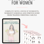 text that says free kickstarter workout plan by trainer Christina Carlyle with a copy of the cover and the workouts