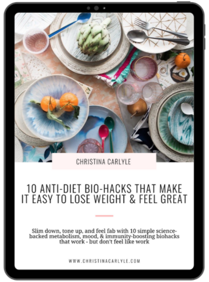 an ebook cover with text that says 10 anti-diet biohacks that make it easy to lose weight and feel great by Christina Carlyle