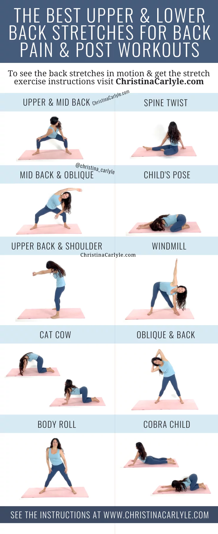 trainer Christina Carlyle demonstrating 10 back exercises and text that says The Best Upper & Lower Back Stretches For Back Pain & Post Workouts