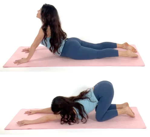 Trainer Christina Carlyle doing a Cobra Child Pose Back Stretch Exercise