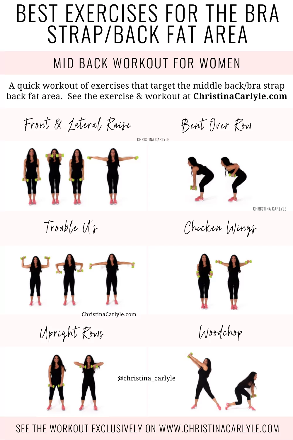 trainer Christina Carlyle doing 6 middle back exercises and text that says Exercises for bra strap back fat