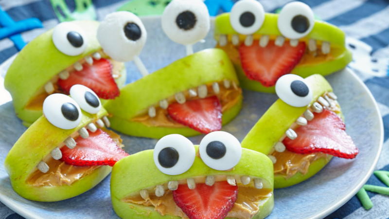 apple slices and fruit monster faces Halloween Food Ideas