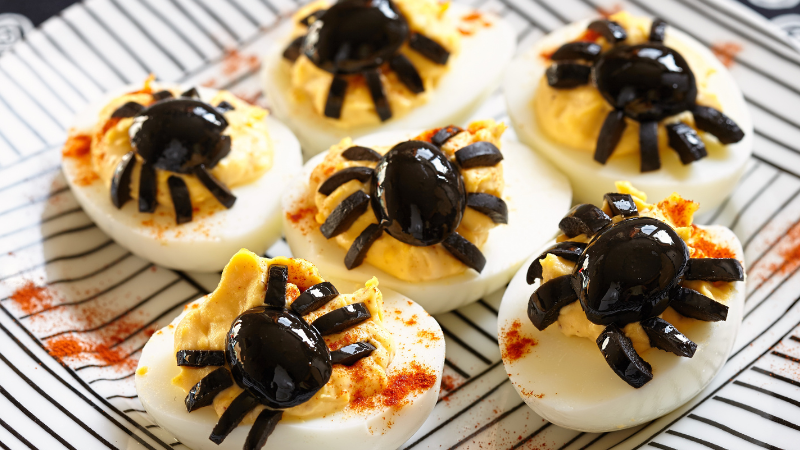 Deviled eggs with black olives Spiders for Halloween