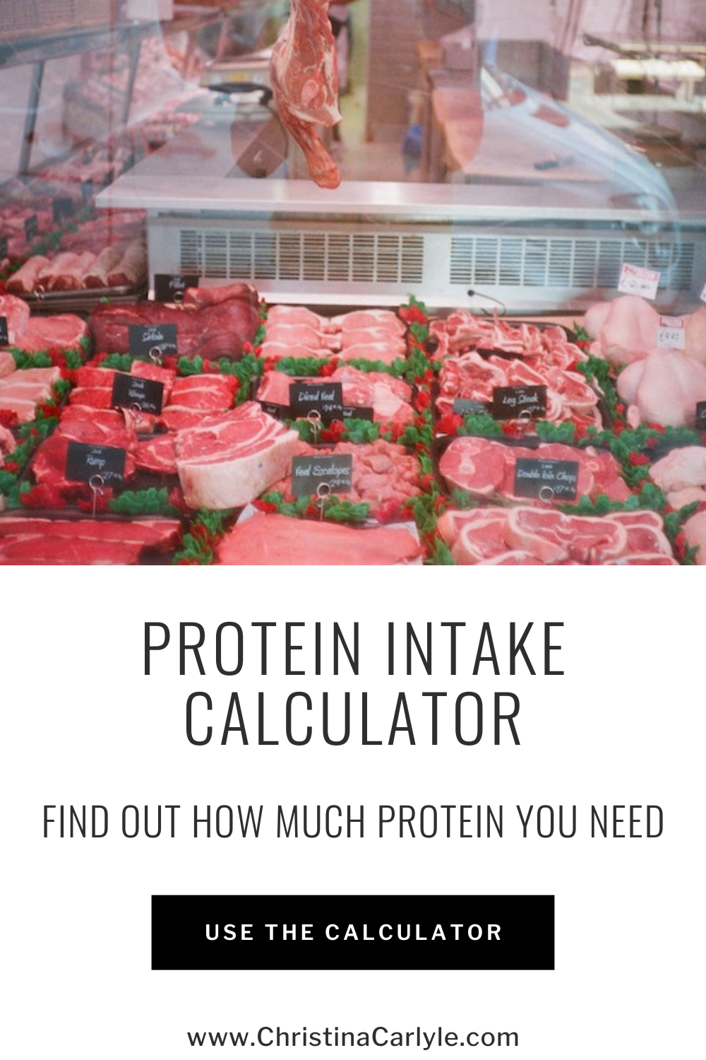 a butcher shop meat counter and text that says Protein intake calculator